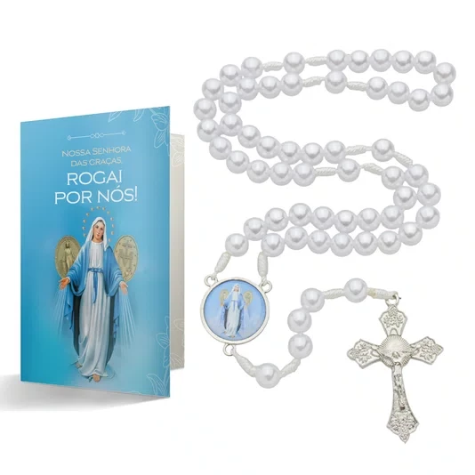 imagem de Terço com Folheto de Nossa Senhora Das Graças - Pérola Branca Abs 8mm