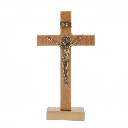 imagem de Crucifixo de São Bento em madeira mesa/parede marrom - 15 cm