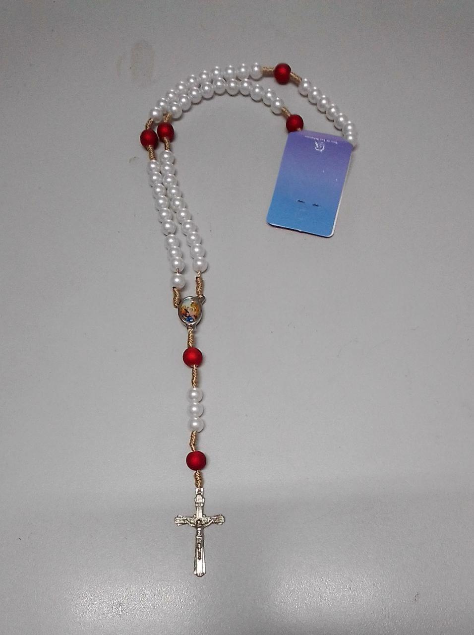 imagem de Terço Pérola Branca Sagrada Família - Pai Nosso vermelho