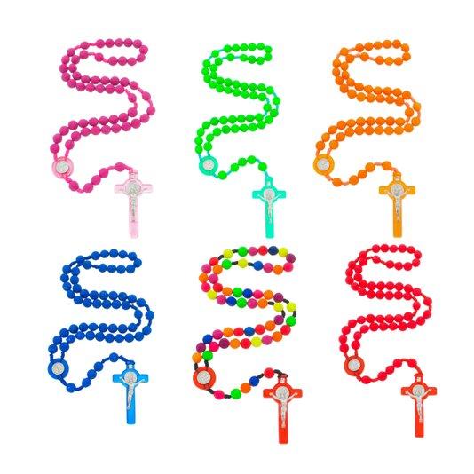 imagem de Terço Conta Rosa Fluorescente com Medalha de São Bento